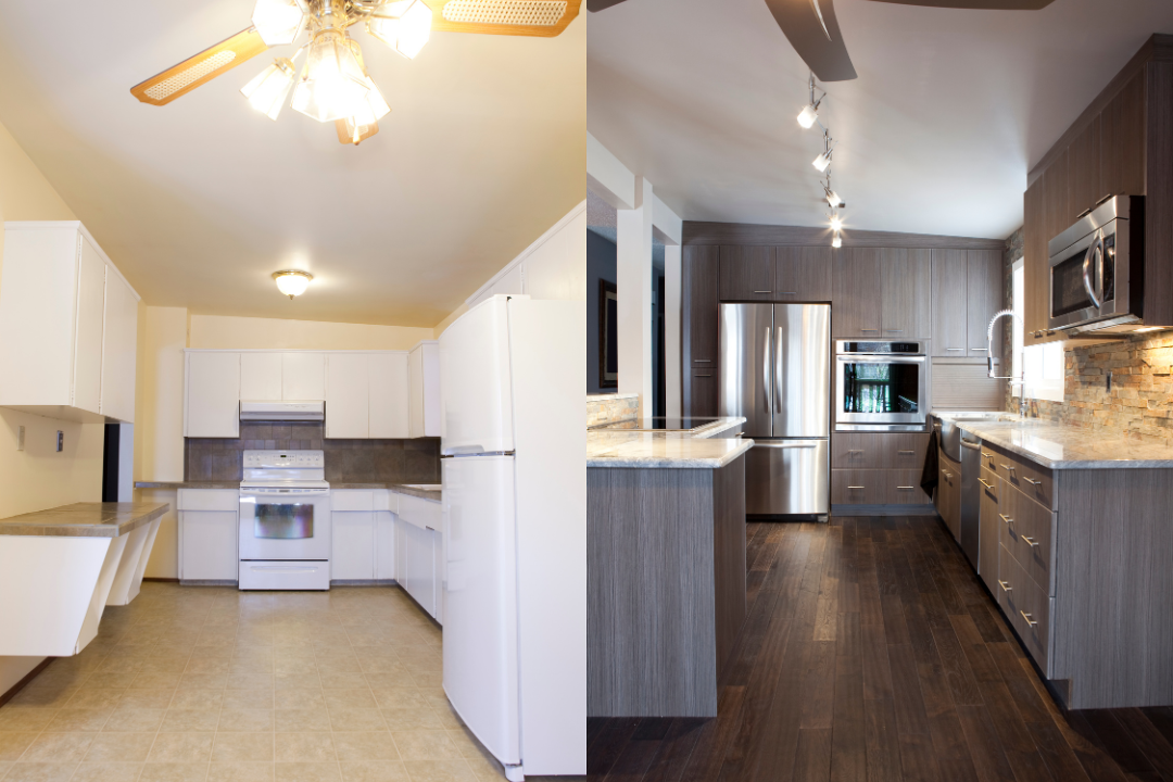 Before and after images of an outdated kitchen renovated for a fast house sale.