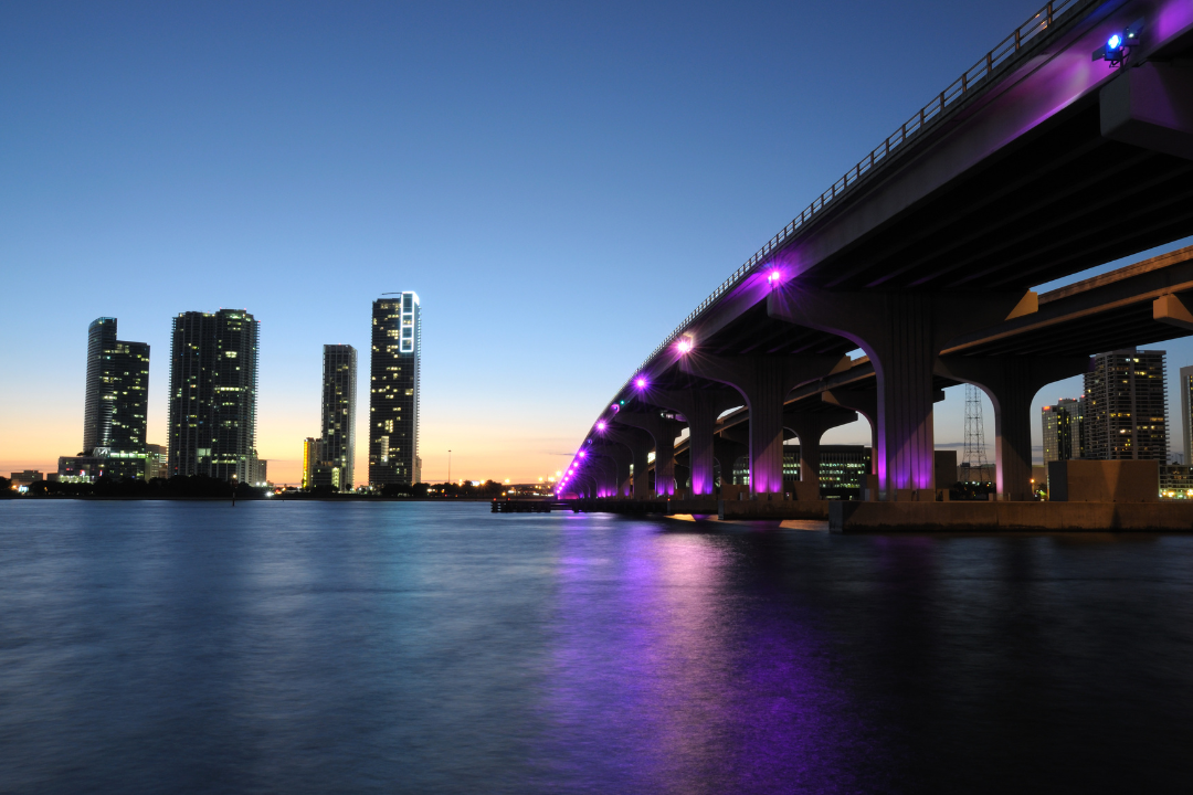 Interstate 195 bridge at dusk, connecting Miami Beach with downtown Miami, symbolizing Bridge Loan Benefits.